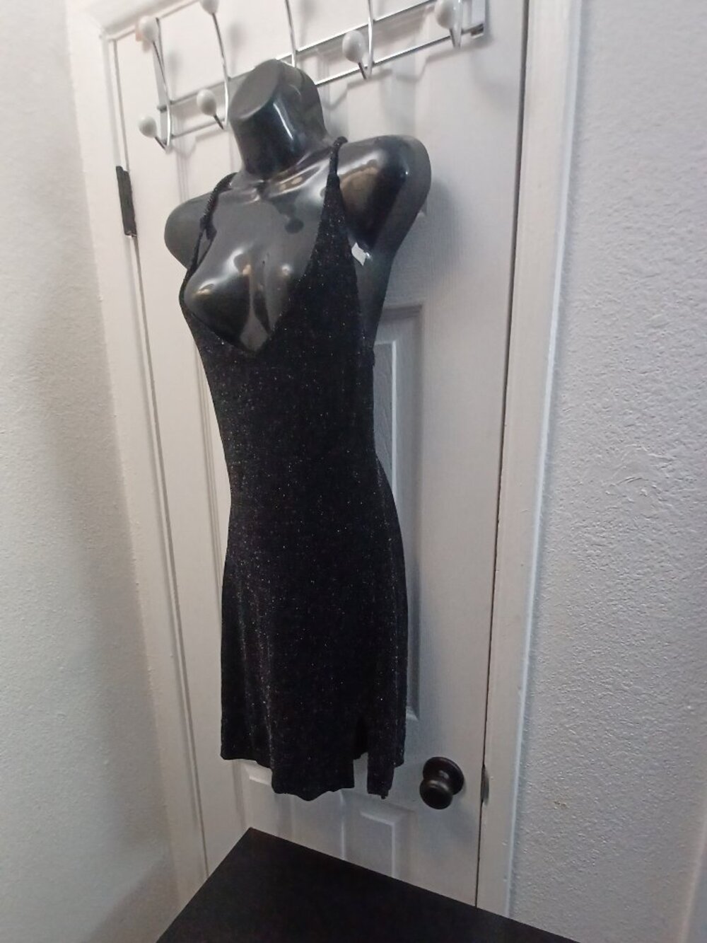 Black glittery mini dress (no tag) with ruffle hem #partydress #glam